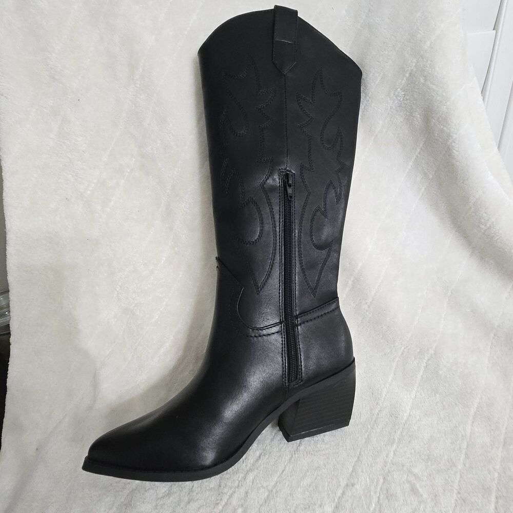 Madden NYC Boots Women's Sz 6 Tall Black Western Embroidered Pointed Block Heel - Picture 2 of 10